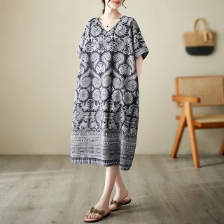 【AKARA】涼感 棉麻 大碼 清質感棉麻青花瓷短袖洋裝 3XL可(涼感 棉麻 中大尺碼 短袖)