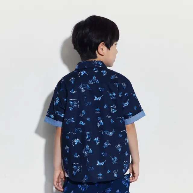 【GAP】男童裝 Logo印花翻領短袖襯衫-海軍藍(466149)