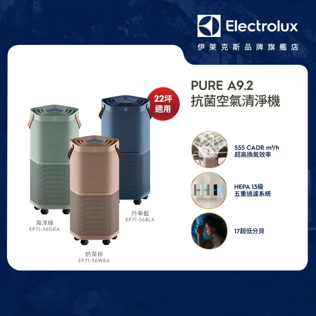 【Electrolux 伊萊克斯】高效能抗菌空氣清淨機 EP71-56BLA 56GRA 56WBA(Pure A9.2 三色任選 22坪內適用)