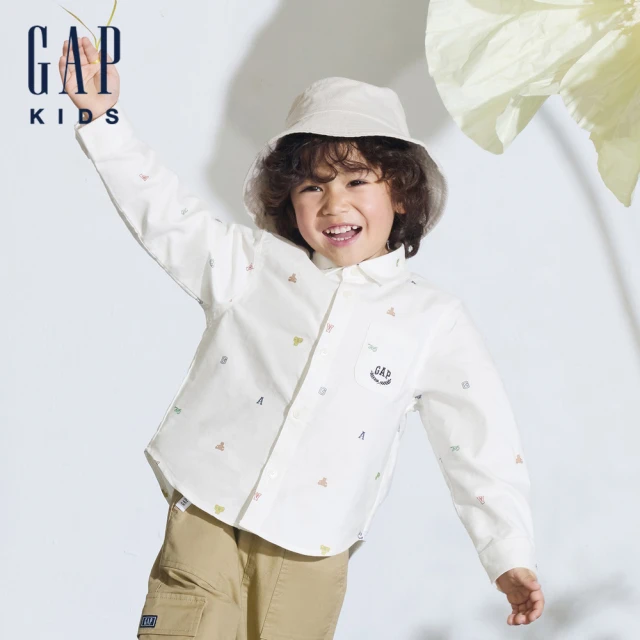 【GAP】男幼童裝 Logo純棉小熊印花翻領長袖襯衫-白色(890335)