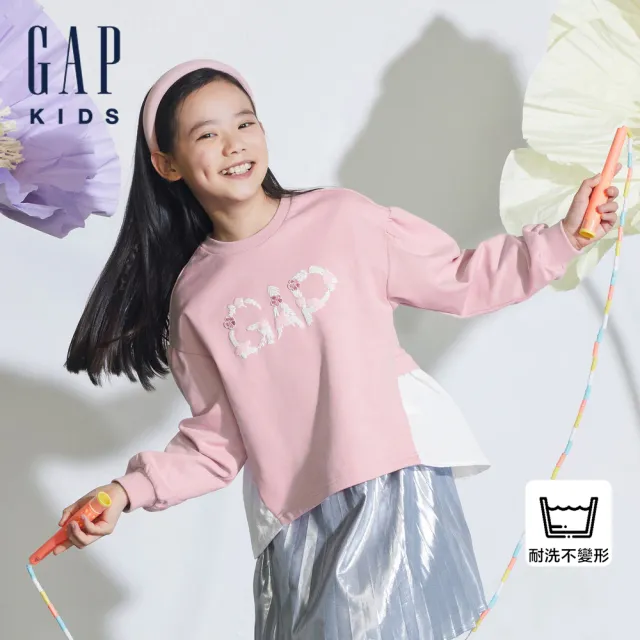 【GAP】女童裝 Logo印花假兩件圓領長袖上衣-粉色(890218)