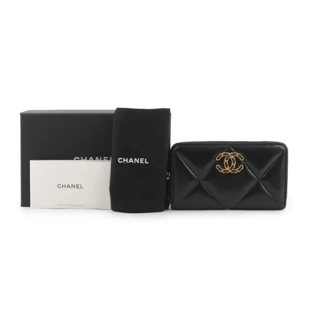 【CHANEL 香奈兒】Chanel 19系列小羊皮ㄇ型拉鍊中夾_展示品(黑色)