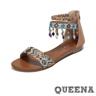 【QUEENA】低跟涼鞋 流蘇涼鞋/時尚民族風流蘇吊墜復古低跟涼鞋(棕)