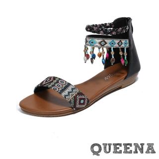 【QUEENA】低跟涼鞋 流蘇涼鞋/時尚民族風流蘇吊墜復古低跟涼鞋(黑)