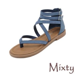 【MIXTY】低跟涼鞋 交叉涼鞋/歐美時尚極簡縷空交叉線條低跟涼鞋(藍)