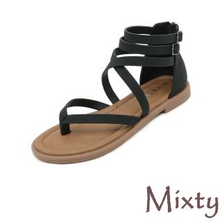 【MIXTY】低跟涼鞋 交叉涼鞋/歐美時尚極簡縷空交叉線條低跟涼鞋(黑)