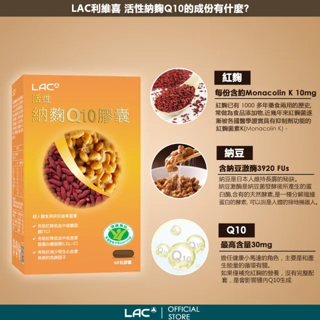 【LAC 利維喜】活性納麴Q10膠囊x5盒入(共300顆/納豆/紅麴/Q10/降低膽固醇/台灣紅麴/黃少祺代言/健字號)