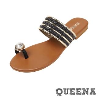 【QUEENA】低跟拖鞋 一字拖鞋/閃耀大鑽石指環金屬編織一字帶設計低跟拖鞋(黑)