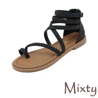 【MIXTY】低跟涼鞋/歐美個性繩辮線條設計低跟涼鞋(黑)