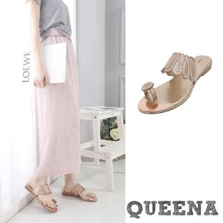 【QUEENA】低跟拖鞋 套趾拖鞋/華麗閃耀貼鑽套趾設計低跟拖鞋(香檳)