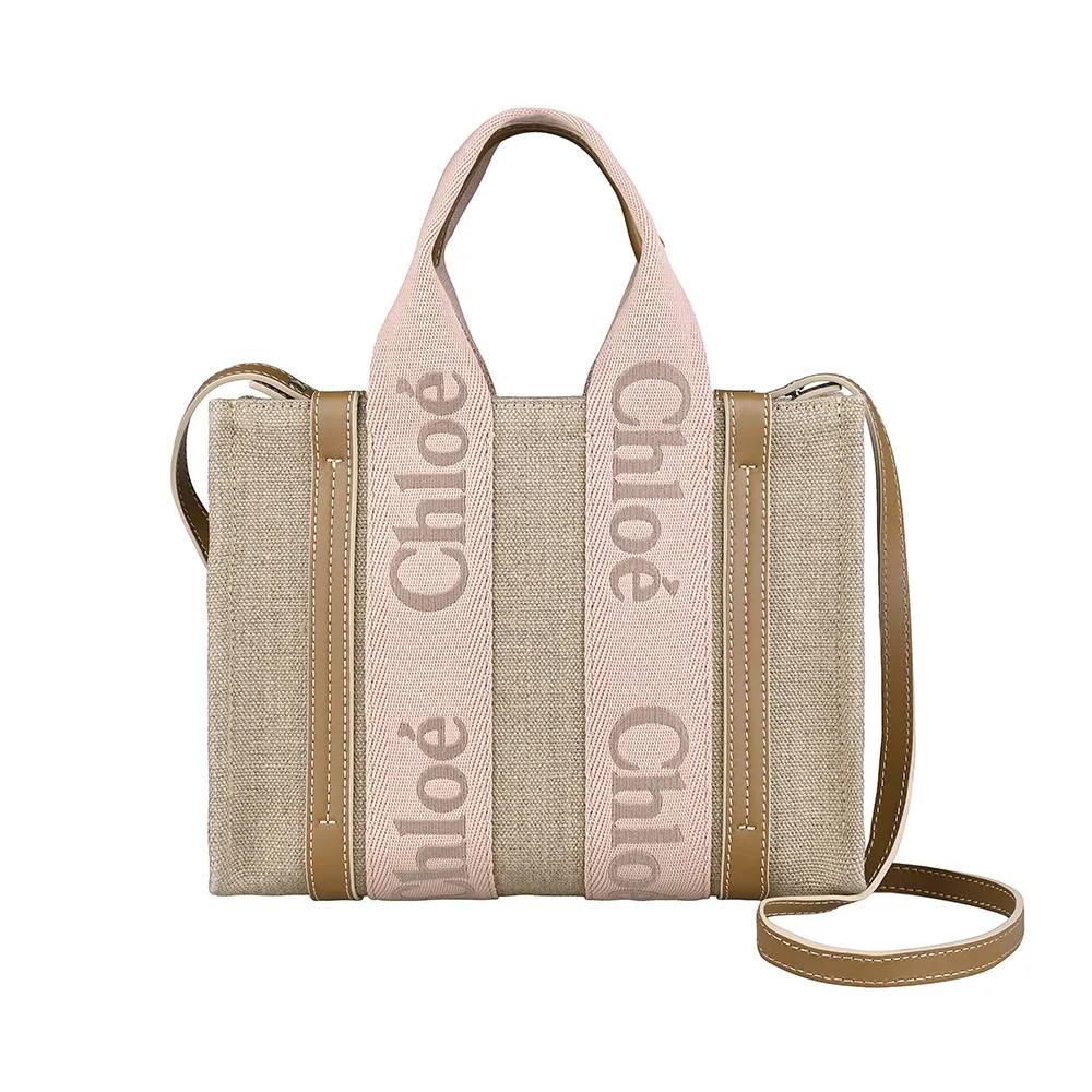 【Chloe’ 蔻依】CHLOE Woody簡約米字LOGO 設計亞麻帆布拼接小牛皮開口式手提斜背托特包(小/寶貝粉x米)