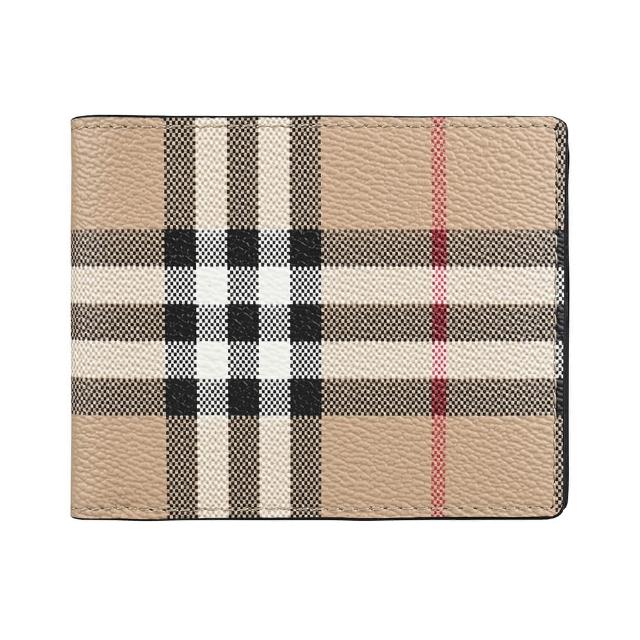 【BURBERRY 巴寶莉】BURBERRY Vintage復古燙銀字LOGO PVC 格紋設計 6卡對折短夾(典藏米)