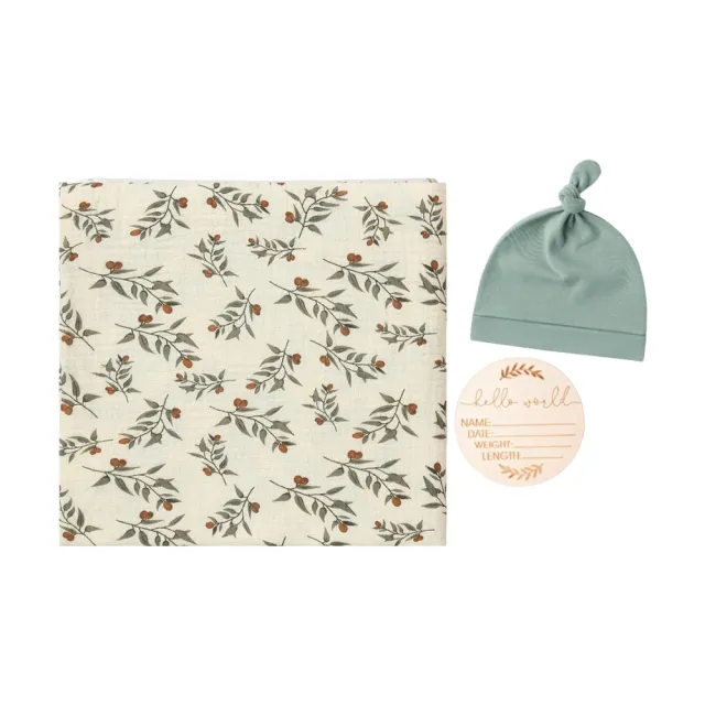 【JoyNa】新生嬰兒包巾+胎帽+木質名牌3件套 100x100cm(防驚嚇包巾/蓋毯/蓋被)