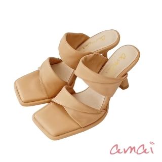 【amai】時尚雙帶扭結方頭涼拖鞋 方頭涼鞋 外出拖鞋 拖鞋 時尚 百搭 大尺碼 SP112-63MB(奶茶色)