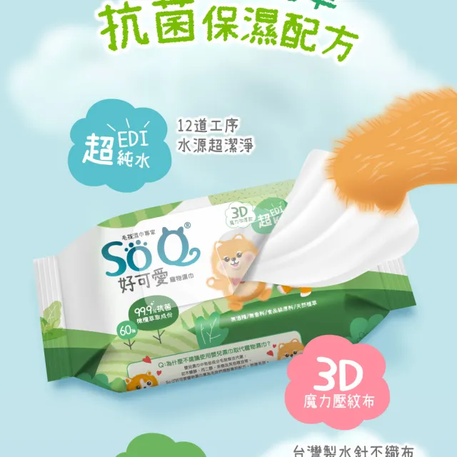 【南六】SOQ好可愛寵物濕巾-抗菌60抽x6包(寵物全身/無酒精/無香料/食品級原料)