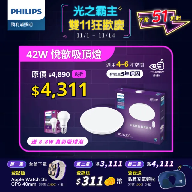 【Philips 飛利浦】悅歆 LED 調光調色吸頂燈42W/5300流明-雅緻版(PA011)