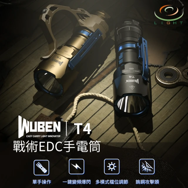 WUBEN 錸特光電 WUBEN T4 黑色 850流明 401米 戰術手電筒(多模式 旋轉調節 可搭配戰術指環 勤務 軍事)