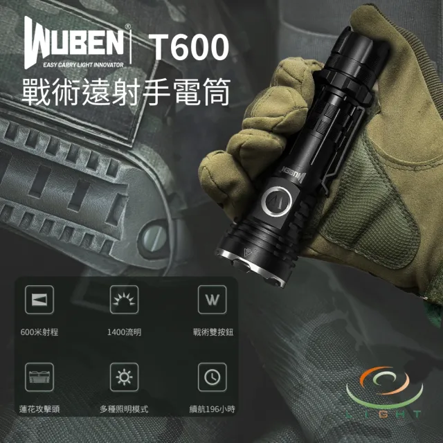 【WUBEN】錸特光電 T600 1400流明 600米 戰術遠射手電筒(高亮 攻擊頭 戰術雙按鈕 附三色濾鏡片 巡邏)