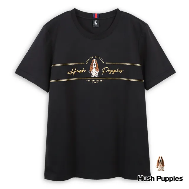 【Hush Puppies】男裝 T恤 立體品牌英文精緻刺繡狗T恤(黑色 / 43111109)