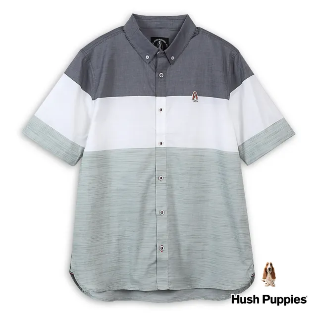 【Hush Puppies】男裝 襯衫 簡約多色拼接刺繡小狗短袖襯衫(淺綠 / 43112102)