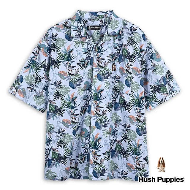 【Hush Puppies】男裝 襯衫 海灘風刺繡漁夫帽狗古巴領寬版花襯衫(水藍 / 43112109)