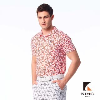 【KING GOLF】實體同步款-男款滿版LOGO字體印花透氣涼感開襟短袖POLO衫/高爾夫球衫(紅色)