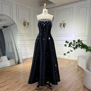 【女神婚紗禮服】奢華緞面幾何貼鑽一字無袖A字及踝長禮服LA72498鑽石黑(派對宴會表演 高階晚禮服)