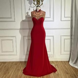 【女神婚紗禮服】優雅喜慶高階串珠立領無袖魚尾修身晚禮服LA72556寶石紅(演奏宴會敬酒 高階晚禮服)