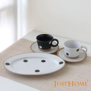 【Just Home】小圓點粗陶咖啡杯+橢圓餐盤3件組(盤/平盤/點心盤/蛋糕盤/咖啡杯/花茶杯/結婚送禮)