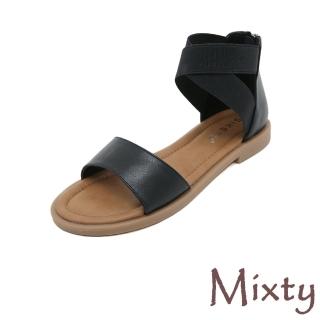 【MIXTY】低跟涼鞋 一字涼鞋/歐美時尚百搭極簡一字帶繞踝低跟涼鞋(黑)
