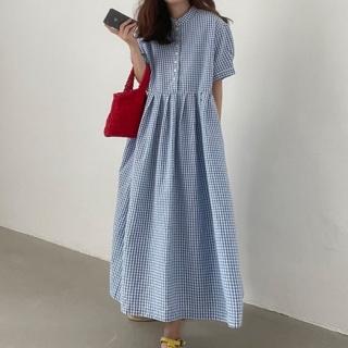 【baibeauty 白鳥麗子】日系格紋拼接排釦壓摺圓領公主袖洋裝(連身裙)