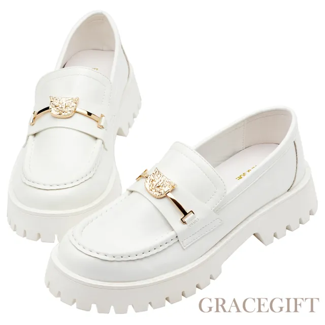 【Grace Gift】PAUL & JOE聯名-貓咪金屬飾釦鋸齒厚底樂福鞋(白漆)