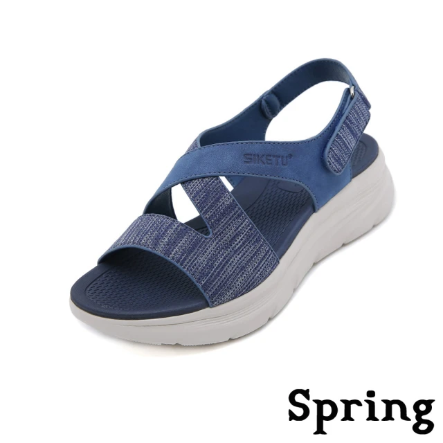 SPRING 厚底涼鞋 交叉涼鞋/輕量織布交叉帶設計厚底運動風涼鞋(藍)
