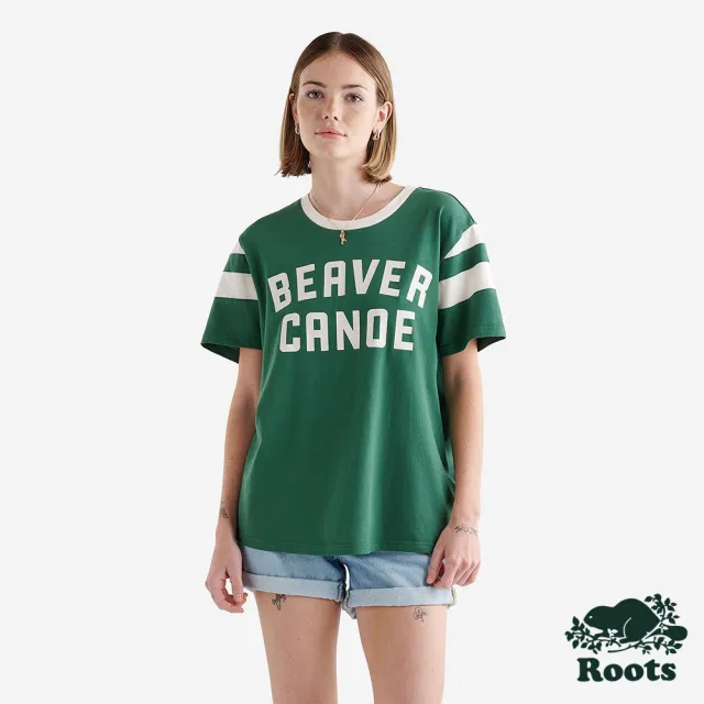 【Roots】Roots 女裝- BEAVER CANOE條紋短袖T恤(森林綠)