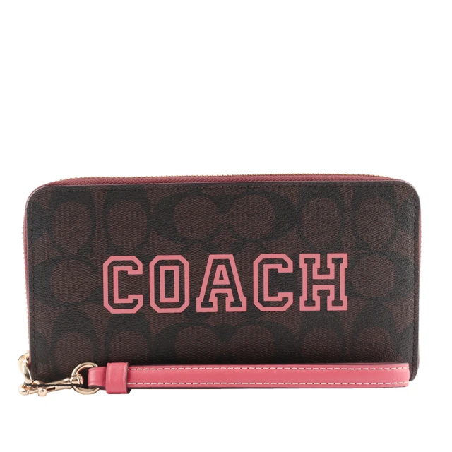 COACH Varsity 標誌塗層帆布附可拆提把長夾(巧克力色/西瓜紅)