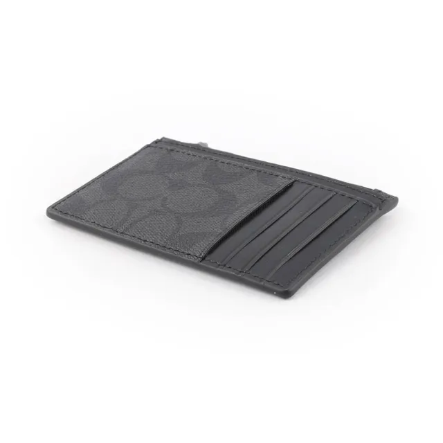 【COACH】塗層帆布拼牛皮拉鍊卡片夾(黑灰色)