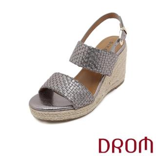 【DROM】坡跟涼鞋 厚底涼鞋/復古歐美閃耀金屬編織草編坡跟厚底涼鞋(灰)