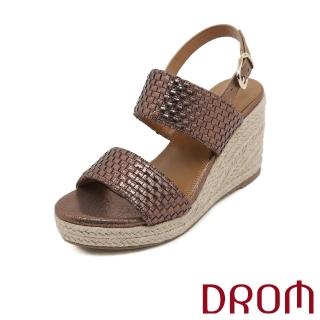 【DROM】坡跟涼鞋 厚底涼鞋/復古歐美閃耀金屬編織草編坡跟厚底涼鞋(棕)