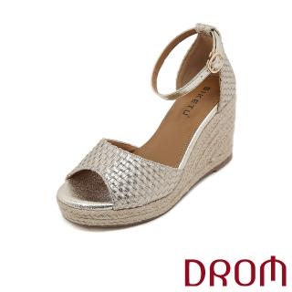【DROM】坡跟涼鞋 厚底涼鞋/個性歐美時尚金屬亮皮編織魚口露趾草編坡跟厚底涼鞋(金)