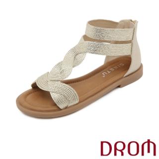 【DROM】低跟涼鞋 工字涼鞋/歐美時尚金屬亮皮復古曲線工字設計低跟涼鞋(金)