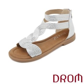 【DROM】低跟涼鞋 工字涼鞋/歐美時尚金屬亮皮復古曲線工字設計低跟涼鞋(銀)