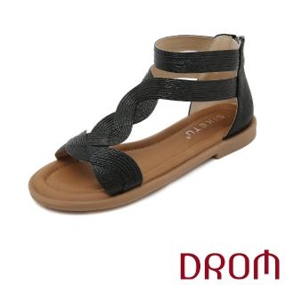 【DROM】低跟涼鞋 工字涼鞋/歐美時尚金屬亮皮復古曲線工字設計低跟涼鞋(黑)