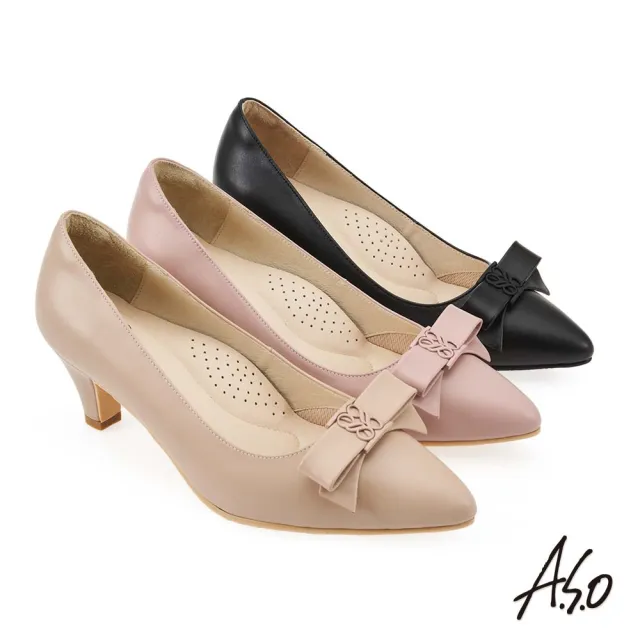 【A.S.O 阿瘦集團】A.S.O窩心系列蝴蝶結時尚尖頭真皮中跟鞋(黑色)