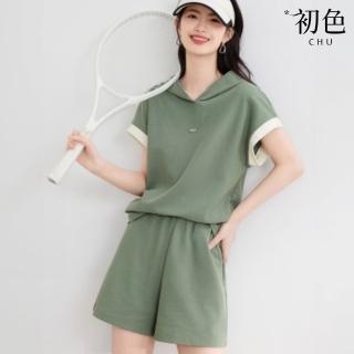 【初色】運動風素色襯衫領五分袖連帽T恤上衣+口袋中腰休閒褲短褲套裝-綠色-35535(M-2XL可選)