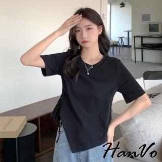 【HanVo】現貨 下擺不規則側抽繩上衣(設計感寬鬆簡約圓領 韓系休閒女裝 女生衣著 A01-0262)