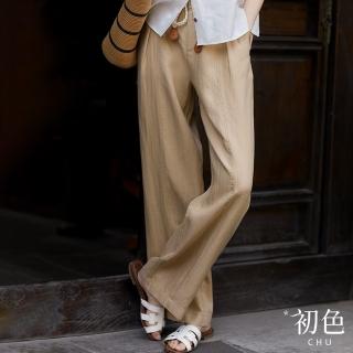 【初色】輕薄純色綁帶直筒休閒褲寬褲長褲-共3色-35602(M-2XL可選)
