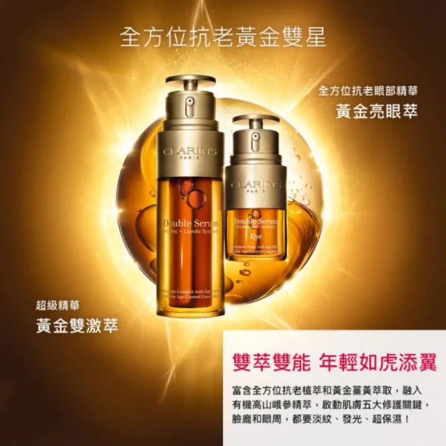 【CLARINS 克蘭詩】黃金家族發光保證組(黃金雙激萃30ml+亮眼萃20ml)