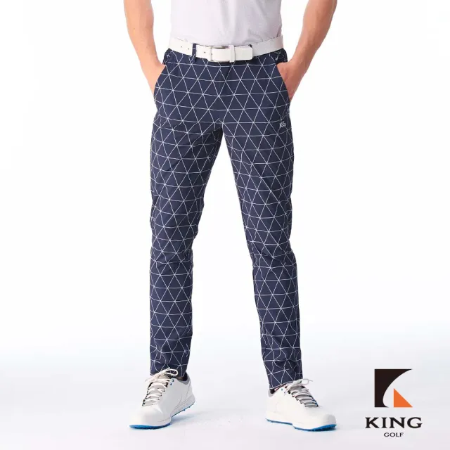 【KING GOLF】實體同步款-男款素色滿版菱格紋線條印花修身彈性休閒長褲/高爾夫球長褲(丈青)