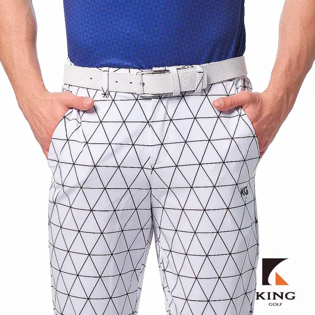 【KING GOLF】實體同步款-男款素色滿版菱格紋線條印花修身彈性休閒長褲/高爾夫球長褲(白色)