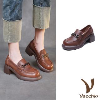 【Vecchio】真皮樂福鞋 厚底樂福鞋/全真皮頭層牛皮輕量花朵釦飾粗跟厚底樂福鞋(棕)